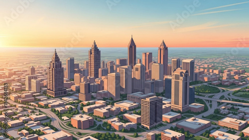 Modern cityscape at sunrise urban skyline with skyscrapers and highways concept for business and development aerial view