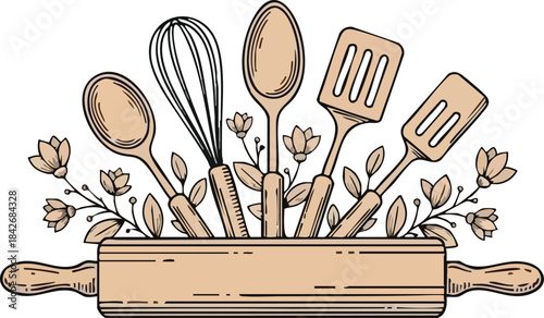 Vintage Kitchen Utensils Arrangement with Flowers and Rolling Pin Illustration