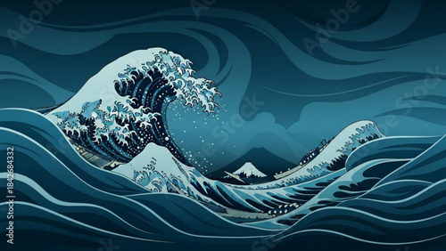 Great Wave off Kanagawa inspired illustration powerful ocean storm with Mount Fuji in background Japanese art style for travel and natur
