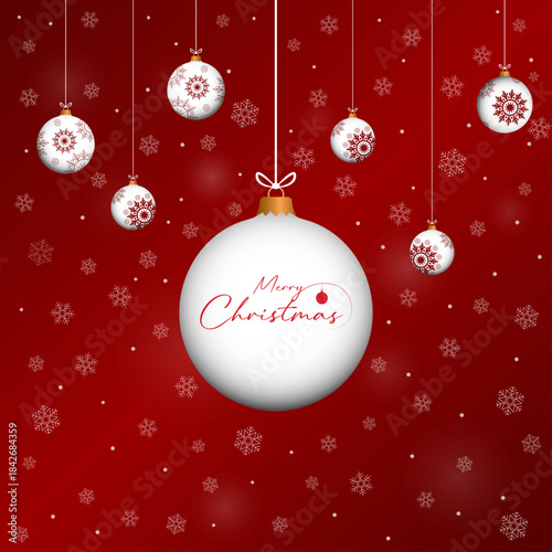 Red merry chrismas card with winter snow, snowflakes, 3d bauble illustration. Winter holidays concept card design to use for merry christmas greetings, winter advertising, happy new year card.