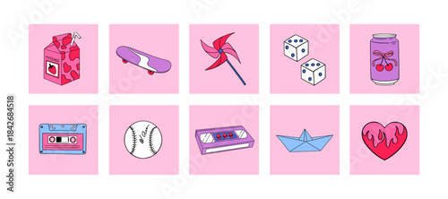 Funky stickers with soda can, heart, video cassette, music tape, skateboard, baseball ball, heart, in vintage retro style. 80s patches. Hand drawn vector doodle sticker pack