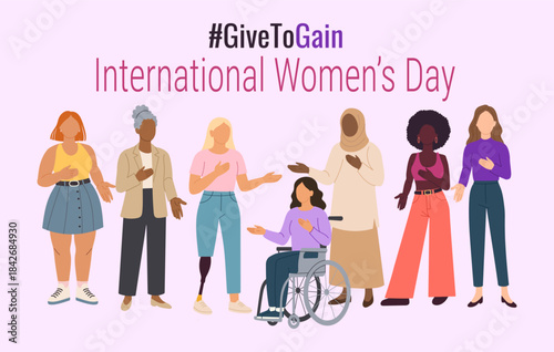 A poster for International Women's Day featuring a group of women. The poster is pink and features the hashtag #givetogain