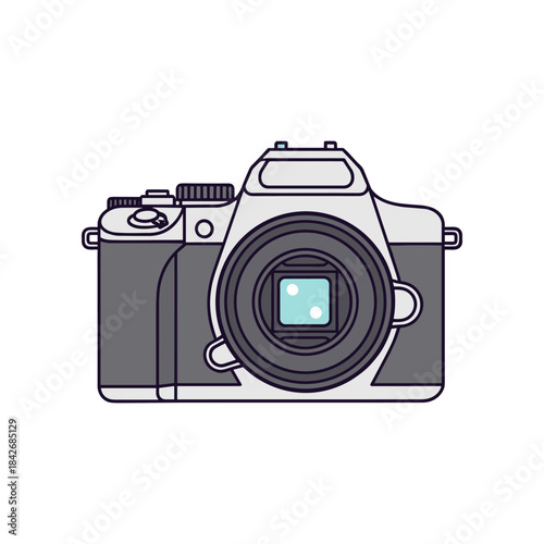 Modern Digital Camera with Lens and Flash in Flat Design Style.