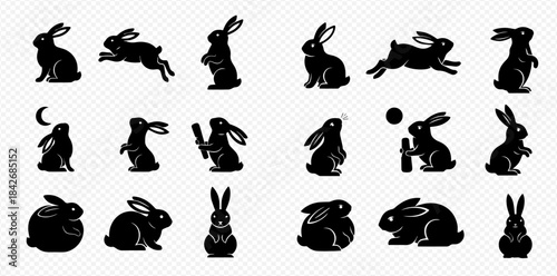 Set of various black rabbit silhouettes in different poses on a transparent background.