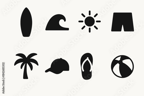 Summer beach icons: surfboard, wave, sun, shorts, palm, cap, flip-flop, beach ball