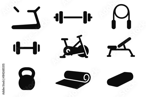 Gym equipment icons: treadmill, dumbbell, exercise bike, jump rope, kettlebell