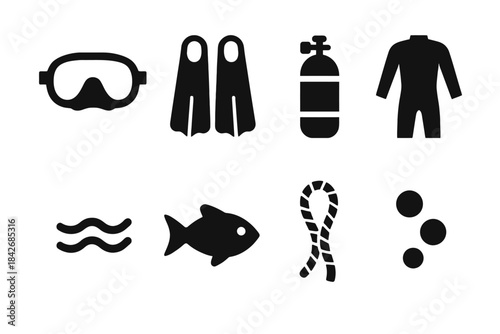Scuba diving gear and ocean icons: goggles, flippers, oxygen tank, suit, waves, fish, rope, bubbles