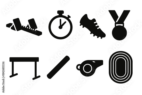 Silhouette icons of track and field equipment: stopwatch, cleats, medal, and more