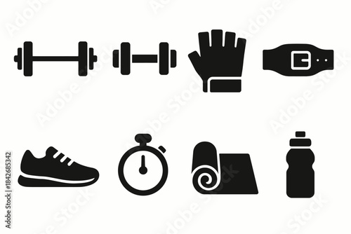 Fitness icons: dumbbells, gloves, trackers, shoes, stopwatch, yoga mat, water bottle