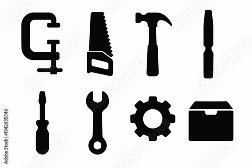 Silhouette icons of hand tools: c-clamp, saw, hammer, chisel, screwdriver, wrench, gear, and box
