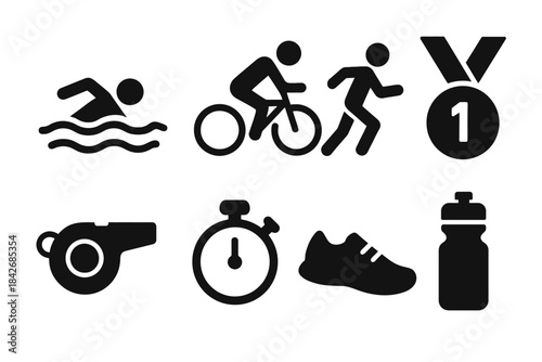 Triathlon icons set: swimming, cycling, running, medal, whistle, stopwatch, shoe, bottle