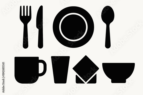 Silhouette of dining utensils and tableware set in black on white background