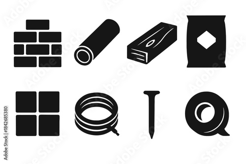 Silhouette icons: building materials including bricks, wood plank, metal pipe, tile