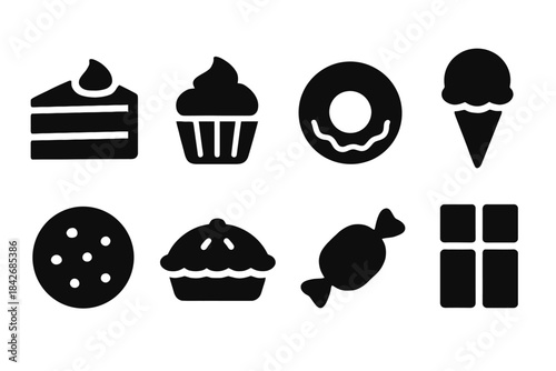 Dessert icons: cake, cupcake, donut, ice cream, cookie, pie, candy, chocolate