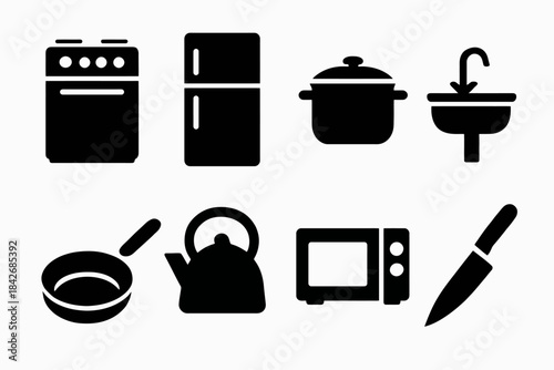 Silhouette icons of kitchen appliances and utensils