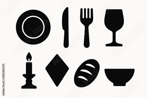 Dining utensils and tableware silhouettes: plate, cutlery, glass, candle, bread, bowl