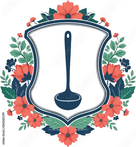 Elegant Ladle Crest Illustration with Floral Accents for Culinary Branding