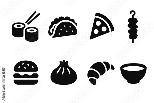 Icon set of popular international foods including sushi, taco, pizza, and more