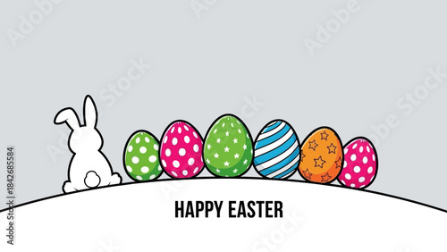A cute white outline of a bunny rabbit peeking over a hill with six colorful patterned Easter eggs and 'Happy Easter' text on a grey background.