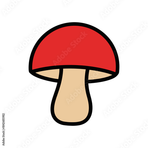 Red mushroom illustration with a beige stem and black outline on white background.