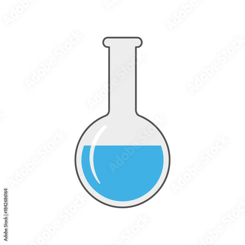 Round bottom flask with blue liquid for science experiments.