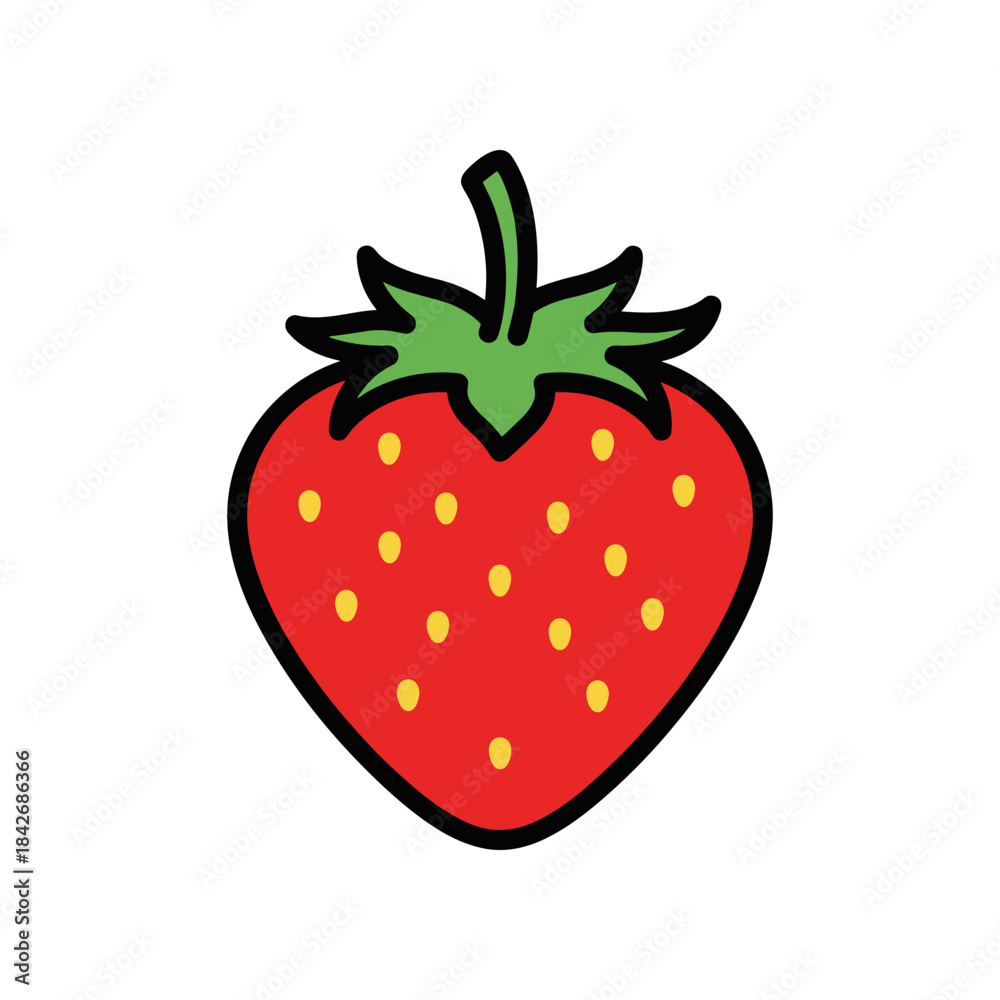 Obraz premium Simple cartoon illustration of a ripe red strawberry with green leaves and yellow seeds.