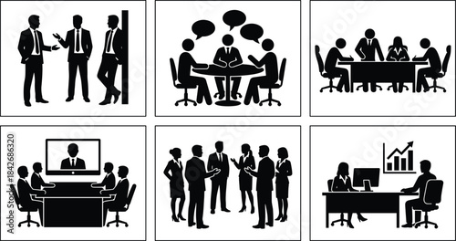 Business communication scenes with meetings teamwork discussions collaboration presentation video conference office conversation group talk and analysis icons illustration