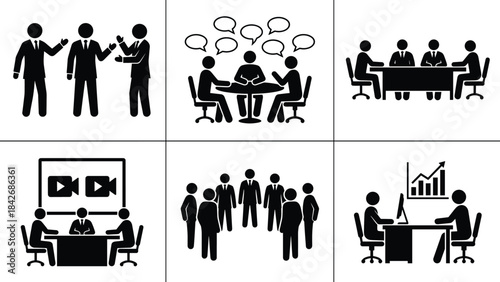 Business communication scenes with meetings teamwork presentations discussions collaboration video conference teamwork analysis and corporate interaction icons illustration