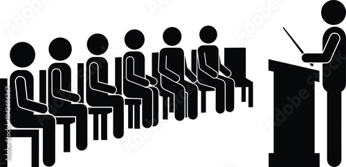 Audience sitting in chairs listening to speaker at podium with pointer in seminar presentation, stick figure vector illustration