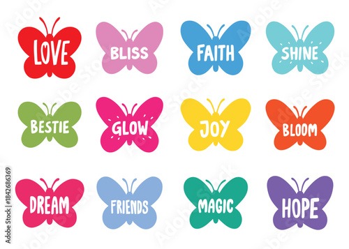Cute butterfly with positive words compilation set.  Vector doodle illustration set for web, t-shirt design, other graphic design use
