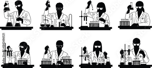 Set of scientist silhouettes working in chemical laboratory with test tubes and flasks wearing safety glasses isolated on white background vector illustration.