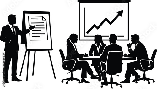 Business presentation with team discussing growth chart as presenter explains strategy on flip chart during corporate meeting session