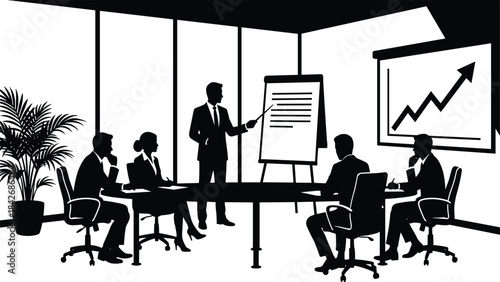Business team attending presentation as executive explains strategy using flip chart and growth graph during corporate meeting in office