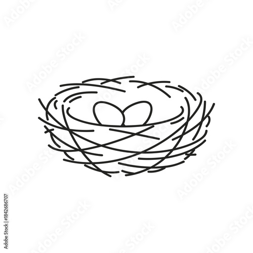 Simple Line Art Drawing of a Birds Nest with Two Eggs.