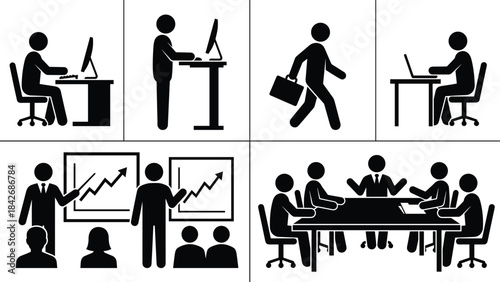 Business workflow icons showing office tasks, presentations, teamwork, meetings, computer work, standing desk use, commuting, collaboration scenes