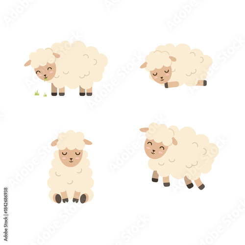Cute sheep characters set. Adorable cartoon farm animal in different poses, eating grass, sleeping, sitting, and walking. Sweet vector collection for kids.