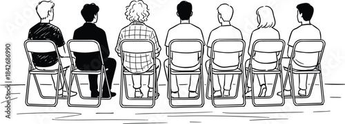 Group of people sitting in chairs in a row seen from behind, illustration of meeting, seminar or support group session