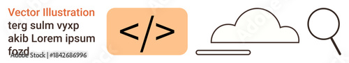 Web development, data storage, search functionality, digital solutions, cloud systems, coding concepts. Minimalist icons code brackets, a cloud and magnifying glass. Web development and data storage