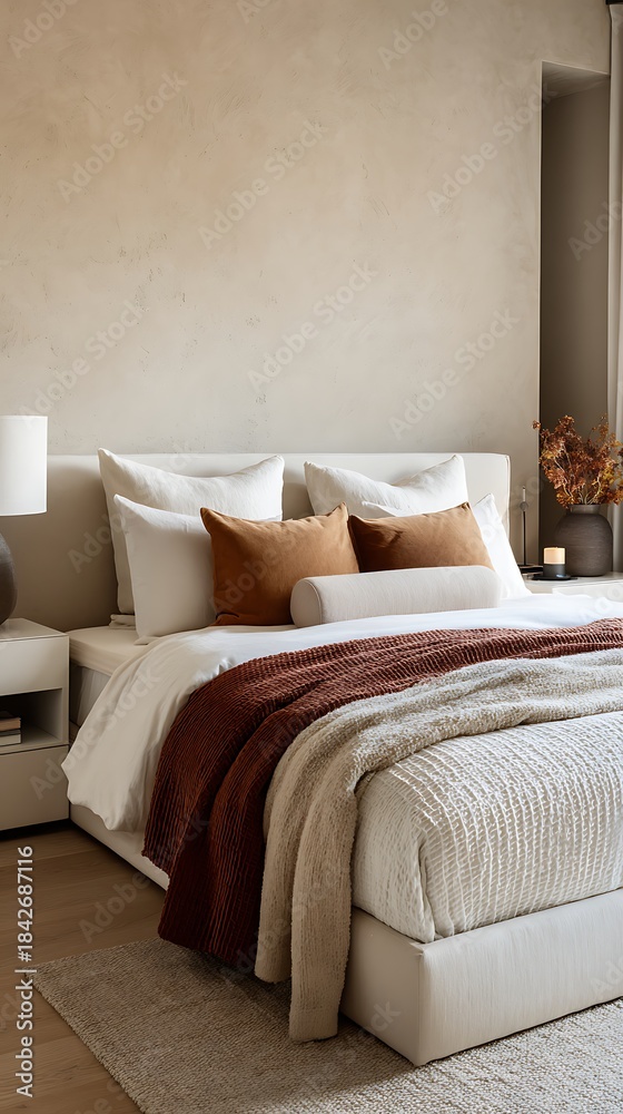 Fototapeta premium Serene Modern Bedroom Interior with Neutral Tones and Cozy Decor Viewed from the Side