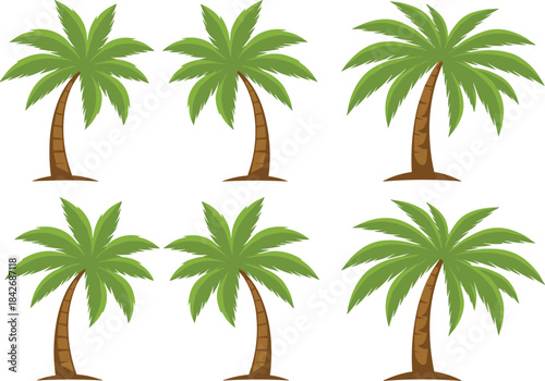Set of six stylized tropical palm trees with brown trunks and green fronds, perfect for vacation, beach, and exotic travel illustration, flat vector.