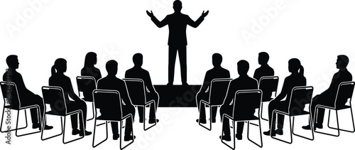 Silhouette audience listening to speaker on stage giving presentation, corporate seminar, leadership communication, professional training and business learning session