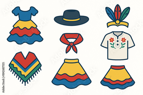 Venezuelan traditional clothing icons in flat colorful vector grid with bright folkloric palette on white background