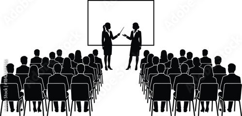 Silhouette audience watching two businesswomen presenting on stage, corporate seminar, leadership communication, professional training, teamwork learning and business conference scene