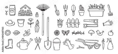 Gardener tools hand drawn doodle icons set. Hobby gardening. Garden items for plant care and backyard cleaning. Garden line clipart.