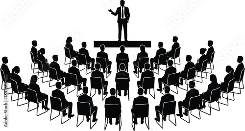Silhouette business audience listening to speaker on stage, corporate presentation, leadership communication, professional seminar, teamwork learning and organizational meeting scene