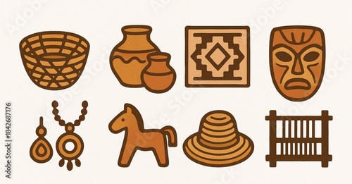 Venezuelan traditional crafts icons in flat handmade vector grid with warm earthy palette on white background