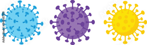Set of Stylized Coronavirus or Virus Icons in Bright Colors, Pathogen Microorganism with Spikes, Global Pandemic and Medical Science Concept Vector Graphic Isolated on White.