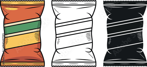 Chips packet silhouette & Outline and illustration set isolated on transparent background