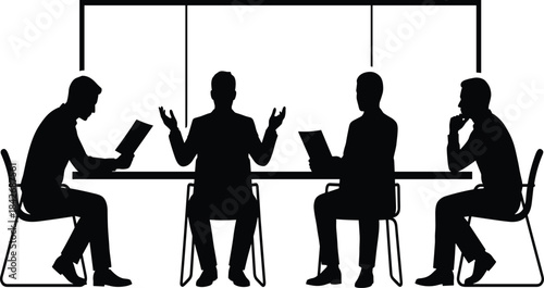 Silhouette business meeting with group discussing documents around table, teamwork collaboration, leadership conversation, corporate discussion scene illustration