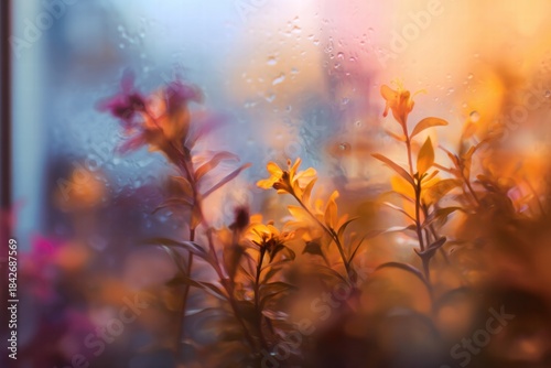Raindrops cling to the windowpane, framing a blurred garden of orange and purple flowers, creating a dreamy and impressionistic scene.